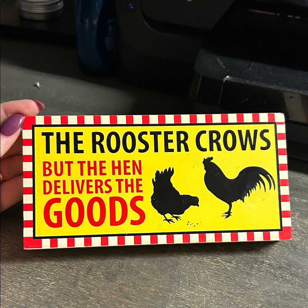 Yellow and Red Rooster‎ Crows Hen Delivers Sign